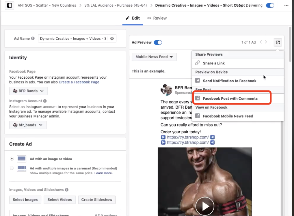 2020-08-19如何获取dynamic creative中单独某一个post的post id。
(1) 先去preview ads选择facebook ads with comments【见下图1】

(2) 在众多素材post中选择你想单独拿post id的post，并点击那个post的 日期部分 【见下图2】

(3) 然后选择，浏览器地址栏里video后面的id即可，那个就是这个post 的单独的post id【见下图3】-facebook论坛-极客跨境