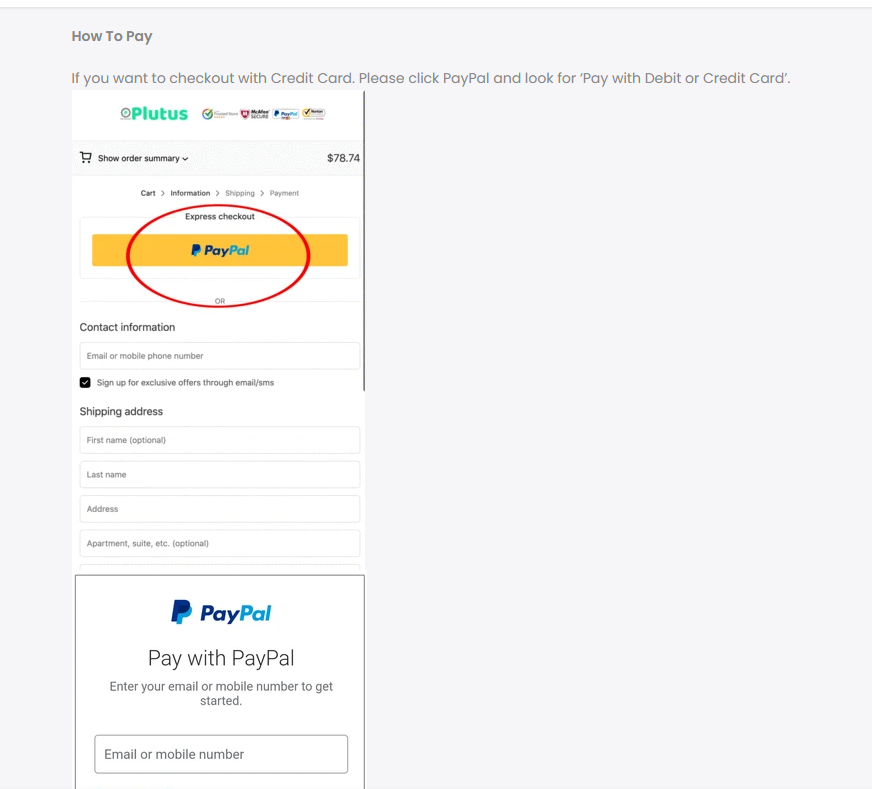 2020-10-20 简单的独立站优化，目前很多人都只是用paypal来收款，信用卡收款申请有点门槛并且容易被封；弃单率都比较高。 突然看到一个shopify商店的产品描述蛮不错的，分享给大家。 其实用paypal收款时，客户也可以使用信用卡或者借记卡付款的，只是多一步操作而已，可能很多客户也不知道有这一步。 可以把每个产品页描述都加一段如何在paypal用信用卡或借记卡支付的步骤，像这样： （图1） How To Pay If you want to checkout with Credit Card. Please click PayPal and look for ‘Pay with Debit or Credit Card’. （图2） （图3） Enter your Payment details, your Billing Address, and your Contact Information. （图4）-shopify论坛-极客跨境
