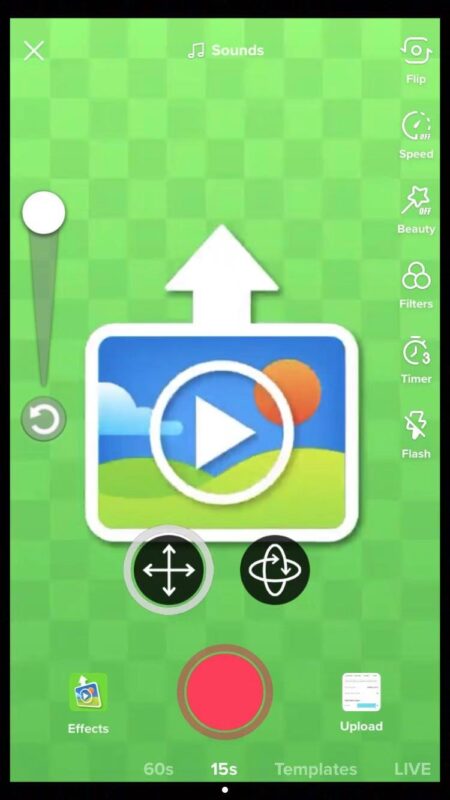 2020-12-14 再分享一个新的黑科技——3Dgreenscreen 主要最近很多人反映greenscreen播放量给的少，这其实是用的人多了罢了，导致推送很慢，视频内容好该爆的也会爆。 那么这里就可以用这个新的特效避开greenscreen视频的竞争 第一步，打开+号 选择左边effects 第二步，找到greenscreen系列特效，在下面找到图1中的特效功能 第三步，把当中的绿幕调整到适合大小后，进入左下角effects选择你要上传的视频 第四步，直接拍摄或者选右边的timer倒计时3秒自动拍摄都可以，这个特效就不需要刻意挡住了，因为上传的视频会在拍摄视频的上面一层 第五步，完成录制确认上传即可，如图3，视频会有一个3Dgreenscreen的标识-极客跨境