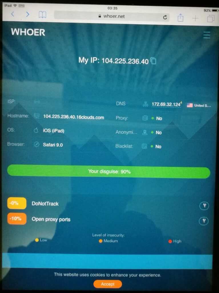 2020-09-10今天设置ipad，伪装度90%，有三个地方好像有问题：（1）IP和DNS不一致，按教程提示要将梯子设置“代理”/“全局”模式 和手动改DNS为8.8.8.8，不知道怎么操作；（2）“Proxy”是“no”，视频里这里是有内容的；（3）减掉的10%提示“Open proxy ports”，这个是否哪里设置不对；-其他论坛-极客跨境