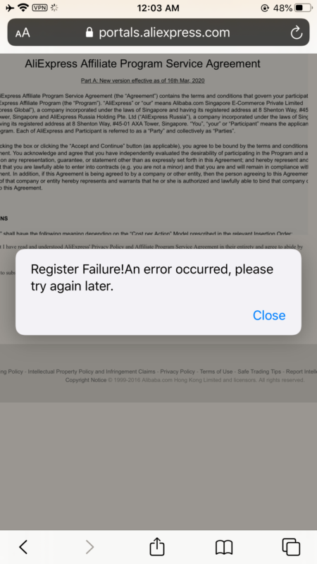 2020-07-07大家在注册速卖通联盟的时候有遇到过这种情况么？电脑和手机点都是这种情况，挂和不挂VVV也一样。-极客跨境