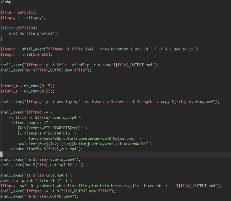 2020-10-08 分享一段去重处理的脚本。此工具适合有一定代码能力的圈友使用。 此脚本的主要功能由FFmpeg实现，FFmpeg是一个开源免费跨平台的视频和音频流方案，属于自由软件，它提供了录制、转换以及流化音视频的完整解决方案。FFmpeg功能非常强大，可以完成市面视频编辑软件的几乎所有功能。 此段脚本主要就是使用ffmpeg对视频进行镜像翻转，画中画，滤色，加片尾三种操作从而达到去重的效果。 需要3个文件：本脚本，overlay.mp4（画中画素材）, tail.mp4 （片尾，如果需要） 此脚本只支持单文件处理，如需要批量处理可自行修改，或使用管道组合，示例： ls *Snaptik_* |cat | xargs -L1 php tk.php 脚本文件：-极客跨境