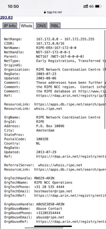 2020-11-20关于最近很多人碰到的fund is only avaliable in US 无法开通基金的问题，图1 其实并非限制了国人的身份证，可能是你的节点存在问题。 先看图2，3 ， 查询下来的确是在美国，但是通过图4查询广播位置的时候却发现ip国家是荷兰，猜测这一因素会导致定位出错无法开通基金。 下面提供真实广播节点查询方式。 1、打开 https://bgp.he.net/，顶部搜索框中输入你的 IP 后，点击“Search”； 2、出现搜索结果后，点击“Whois”标签，查看其”country”信息，看它是否跟你的 VPS 机房位置（节点）信息是否一致； 一致的话，说明是原生 IP，否则，就是非原生 IP，也就是广播 IP。 希望大家最近换新节点的时候多一步查询下是否为原生节点-极客跨境