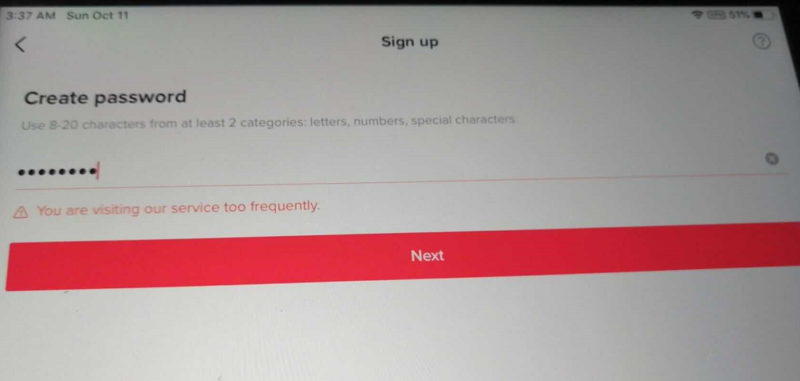 2020-10-26 注册账号，登陆账号提示访问服务器过于频繁怎么办？ 很多小伙伴最近经常碰到注册新号提示频繁，这是tiktok升级了风控，防止机器人批量注册屯号，于是对ip节点做了账号注册上限，这在国内部分app里也有同样的风控逻辑，如何解除，就是通过申诉反馈给客服，客服人工解除ip限制。 这套方法在群里已经测试一周了，基本能够解除99%出现此问题的手机。下面说下流程。 具体如何操作，从下图右上角问号进去 下个页面也是右上角点进去。 进行英文申诉反馈， 具体表达自己是刚下载tiktok，从没注册过账号，却被系统提示访问过于频繁，请tiktok官方解决我的问题。 一般5-10分钟之后即可解除ip限制，完成注册-极客跨境