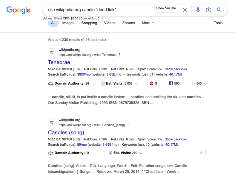 2024-04-29维基百科外链怎么做？ 在维基百科上寻找失效的链接，然后将其更新为自己网站的链接，是一种高级的 SEO 白帽策略。 因为，当某个编辑发现死链时，并不会马上删除链接，而是在链接旁边添加了一个脚注，并标注“dead link”。 那如何找到这些“dead link”？ site:wikipedia.org keyword "dead link" 用这个搜索指令去搜索，见图一。 点击进到具体的页面，在页面搜索“dead link”关键词来发现目标，见图二。 那下一步要做的就是，编辑这个"dead link"并替换成自己的网站链接。 至于怎么编辑维基百科页面，谷歌一下吧。 对了，编辑完后并不会马上生效，需要一定的时间进行信息审核的。 如果内容质量不对，这个更新操作会被驳回。-极客跨境