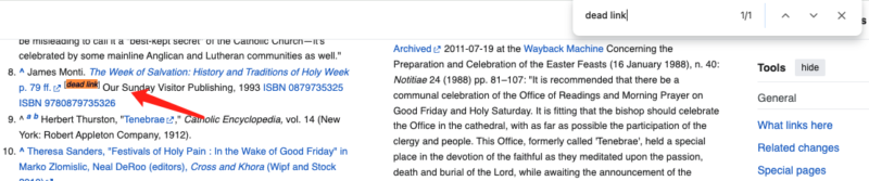 2024-04-29维基百科外链怎么做？ 在维基百科上寻找失效的链接，然后将其更新为自己网站的链接，是一种高级的 SEO 白帽策略。 因为，当某个编辑发现死链时，并不会马上删除链接，而是在链接旁边添加了一个脚注，并标注“dead link”。 那如何找到这些“dead link”？ site:wikipedia.org keyword "dead link" 用这个搜索指令去搜索，见图一。 点击进到具体的页面，在页面搜索“dead link”关键词来发现目标，见图二。 那下一步要做的就是，编辑这个"dead link"并替换成自己的网站链接。 至于怎么编辑维基百科页面，谷歌一下吧。 对了，编辑完后并不会马上生效，需要一定的时间进行信息审核的。 如果内容质量不对，这个更新操作会被驳回。-极客跨境