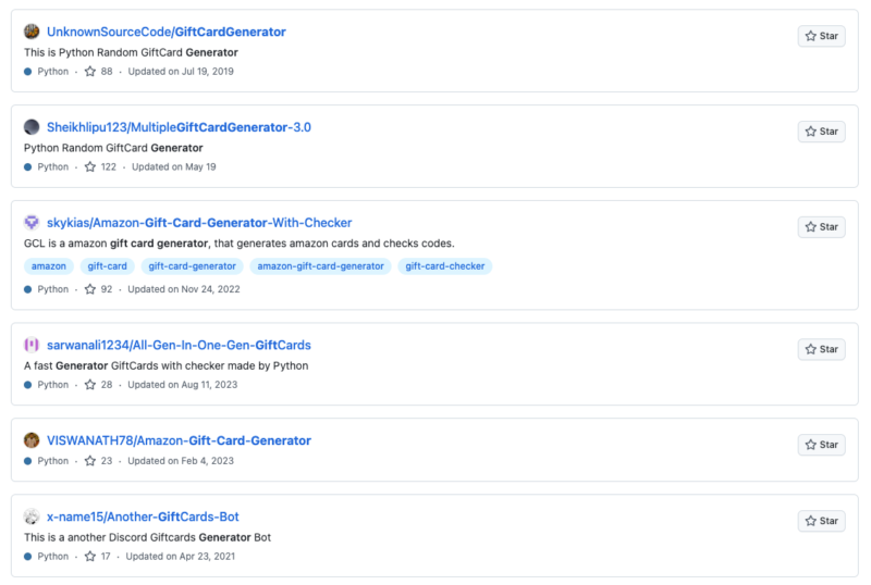 2024-11-20 这两天一直在算账，抽空聊聊前天在群里分享的两个关键词的玩法。 gift card generator. 这个关键词，我倾向于将其做成一个工具类型站点，其主要的功能就是协助用户生成特定场景下的礼品卡。 也别担心这种类型的应用难做，其实 Github 上有非常多的开源程序（见图一），我们只需要做一些自定义的修改并简单部署起来即可。 不过在修改的过程中，最好看看开源协议，不要侵权。 在网站的 SEO 推广方面，我的想法是最好将「gift card generator」这个关键词与具体场景结合起来做。 而这样的场景非常多（见图二），比如：wedding, party, sale... templates for sop. 这个关键词，我更倾向于将其做成一个电商站点，直接售卖 Digital Products. 玩法其实也比较简单，使用程序化 SEO 的玩法，去批量制作针对特定场景的落地页就可以。 比如图三便是我简单查询的一些关键词结果，相应的场景非常多，且整体的竞争度不难。-极客跨境