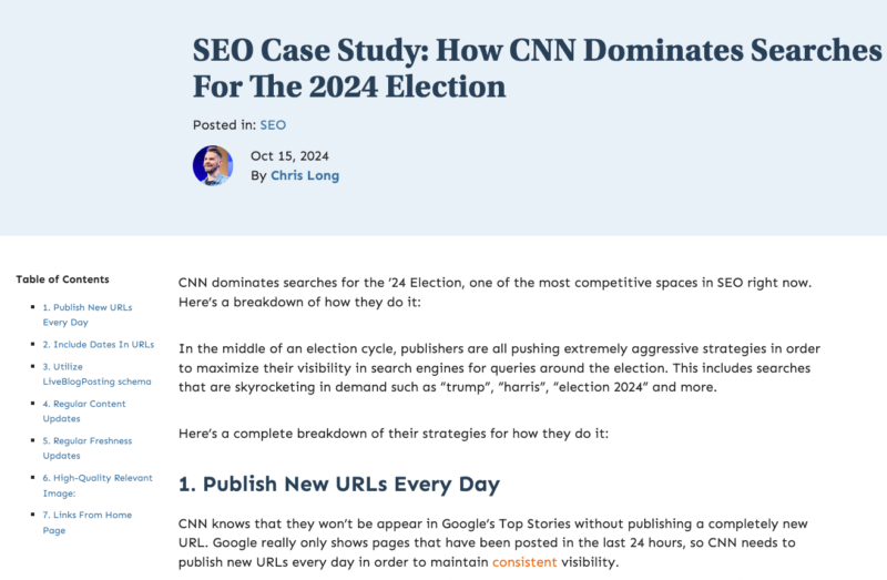 2024-10-23CNN 在美国大选期间的是怎么做 SEO 的，这个案例可以好好消化一下，对我们自己做站很有帮助。 链接：https://gofishdigital.com/blog/seo-case-study-how-cnn-dominates-searches-for-the-2024-election/比如文章中提及的第三点，利用 LiveBlogPosting schema 标签来标记内容时效就挺不错的。 因为我发现很多用代码写网站的朋友（WP 建站有相应的 SEO 插件），基本不注重 Schema 标签这块内容。 比如网页上 FAQ 区域、Review 区域，都是可以加上对应标签来协助搜索引擎快速理解网页内容的。 附上谷歌搜索中心对各 Schema 标签的说明。 链接：https://developers.google.com/search/docs/appearance/structured-data/intro-structured-data?hl=zh-cn-极客跨境