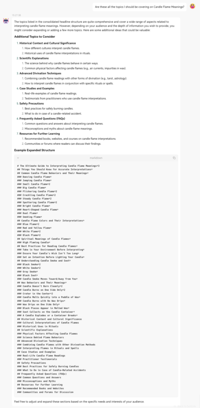 2024-07-25内容创建之文章框架梳理。 上一步分析完 SERP 结构后，紧接着我会做优秀内容的文章框架梳理，也就是将文章目录整理出来。 这一步的目的就是看各个对手，文章中的核心埋词是哪些，文章涉及了哪些方向，以及文章的大体结构是什么。 比如图一，便是我选择的 3 个优秀对手的案例，使用 MD 语法整理出来的文章结构信息。 等这部分内容做完后，下一步我想知道这 3 个对手的内容方向有没有什么异同，于是便使用 AI 将这 3 份文章框架融合了一下。 具体结果见图二。 过程中使用到的 Prompt 如下。 Take the [number of outlines] headline structures in brackets below and create a headline structure that covers all the concepts they cover but deduplicate similar topics. Add a star at the end of each headline to indicate how many times it was used in the provided headline structures(e.g., *3). Output in markdown format please. [Paste List] 当然，如果你觉得话题方向不够，还可以使用 AI 工具进一步发散下，比如图三。 过程中使用到的 Prompt 如下。 Are these all the topics I should be covering on [topic]? 所有的环节做完之后，我就会根据 SERP 的分析与关键词的意图来决定大体的文章结构了。 这个部分没什么定式，基本都是依据自己的喜好或者经验来进行整理的。-极客跨境