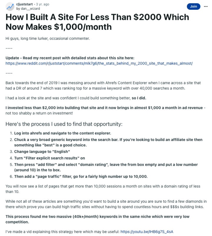 2023-10-08 上周圈友在微信群公布了一个 NICHE 站（通过 Amazon Affiliate 变现）的成功案例，已经能月产出 100 美金了，好好养权重的话，后期收益肯定会水涨船高（做到一千美金并不是很难）。 我的收藏夹里正好收藏了一个类似的案例，做法就是之前一直分享的找到低竞争关键词，然后根据这些关键词输出内容，获得流量。 链接：https://www.reddit.com/r/juststart/comments/mcaodn/how_i_built_a_site_for_less_than_2000_which_now/

https://www.reddit.com/r/juststart/comments/mlk7g6/the_stats_behind_my_2000_site_that_makes_almost/

其实总结起来，方法真的很简单，就是看你愿不愿意动手。 第一步，以 best 为词根，找那些 KD 难度在 20 以下的关键词； 第二步，围绕这些关键词输出内容，使用的工具是 ChatGPT； 第三步，发布文章并促收录。 第四步，循环前三步的过程，并在过程中监控收录情况、出词情况与排名情况，可以的话不断的去做外链提升网站权重。 方法其实不难，就看你愿不愿意去做。-极客跨境