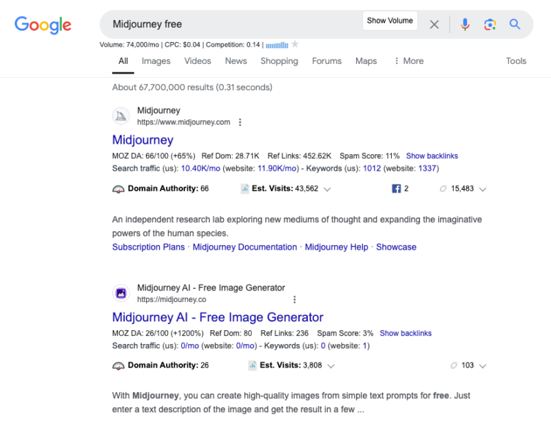 2024-07-07今天搜索 Midjourney 这个关键词时发现了一个套壳网站，觉得有点意思分享一下。 如图当你搜索“Midjourney free”这个关键词时，发现这个套壳站排在第二。 网站有收录链接 49 条，另有来自 132 个网站的 348 条外链。 用 Silimarweb 是查询了一下网站的全部流量，预计在 949K，很棒的一个成绩了。 网站主要的变现方式是 Google Adsense，如果按照 100 万的月均访问量来计算的话，每月的广告费（被动收入）在 2000 美金左右。 这个网站是在去年八月份上线的，主打的关键词便是 Midjourney，做 Midjourney 的套壳应用。 仔细看了一下这个网站，没什么太有深度的内容，主要就是推广这块很用了点心思。 仔细去看看人家的外链，几乎没有垃圾外链存在的痕迹。 且论坛的推广、社媒的推广，玩得很溜啊（有兴趣做工具站的可以好好学习下这个案例）。 且看图二，这个网站布局了不少 Free 相关的关键词。 要知道 Midjourney 这种付费订阅的应用，很多用户是会在搜索引擎上搜索 free 相关关键词去尝试免费产品的。 所以最后总结下，这个网站成功在哪里，我觉得至少有 3 个值得我们学习。 第一，时机把握得很到位。 基本前后脚跟着 Midjourney 这种有影响力的产品后面做周边，占据一个关键词，就已经够吃得了。 第二，推广这块很用心。 仔细看下人家的外链痕迹，几乎不存在垃圾外链，且论坛的推广、社媒的推广，稳步推进。 第三，关键词的布局独到。 单单一个 Free 关键词，就已经为网站带来了大量流量了。至于为什么做 Free 相关关键词，还不是因为官方不提供 Free 类型的产品嘛，而用户又有这样的需求，所以他的产品就很受搜索引擎青睐。-极客跨境