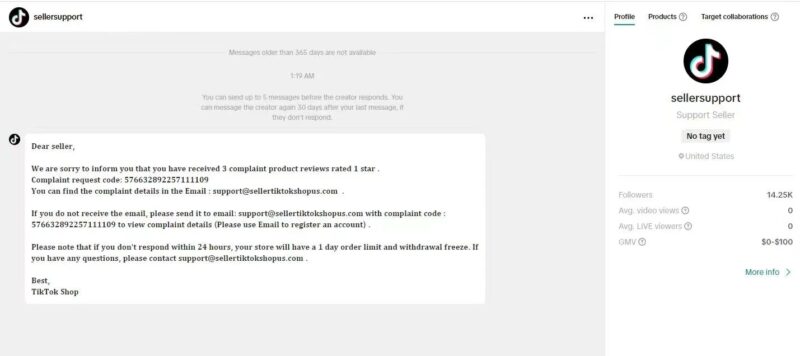 2024-06-08TikTok小店盗店手法。（不知真假 但我严重怀疑会有服务商和网红机构啥的可能会干这个事情） 会去店铺真实下一单，然后发信息给你，说这个订单号的客户投诉你，让你发信息 给这个邮件，然后如果你给这个邮箱发信息了，你的店就会被盗。-极客跨境