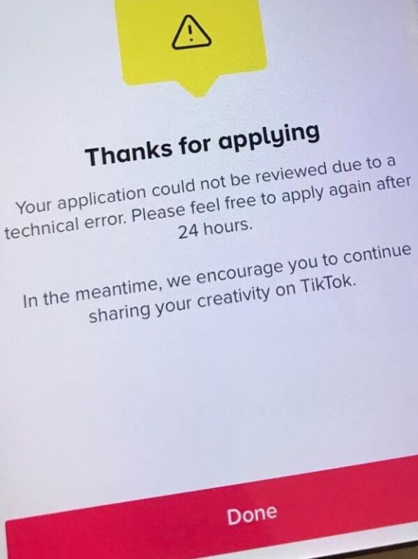 2020-11-26求助。在申请tiktok基金，在认证身份那一步骤，在认证身份地区信息错填了对应的网络IP地区，虽然收到tiktok邮件提示年龄认证成功，到最后一步选择货币后，一直无法确认，提示technical error， 24hs后再尝试。 第二天重试，也是一直卡在最后一步，一样的提示。 这种情况有其他方式补救吗？还是这个号无法再申请tiktok创作者基金了？-极客跨境