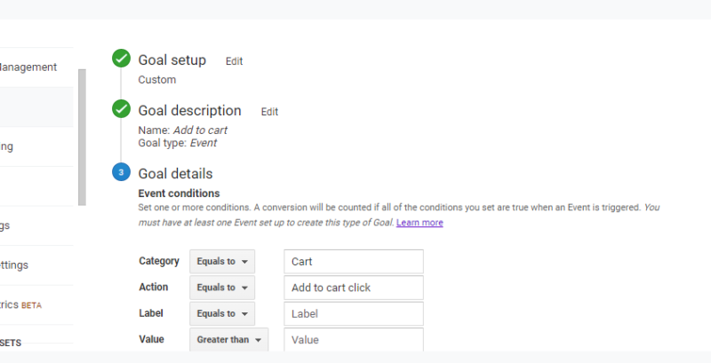 2022-07-29请教，我在GA里设置目标的时候，我分别试了2种方式去设置 “Add to cart”事件，但是验证都是0，但其实不会是0的，因为我这个店最近都有订单的，还有 “sign up“事件，验证也是0. 我后台可以看到有人 sign up 订阅邮件的，请麻烦帮我看下是不是我哪设置错了，我查了很多文档，试了很多方法，验证都是0.-极客跨境